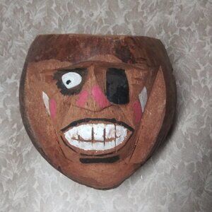 UGLY FACE CARVED COCONUT TIKI PIRATE HEAD drink holder/decor Hawaiian VINTAGE